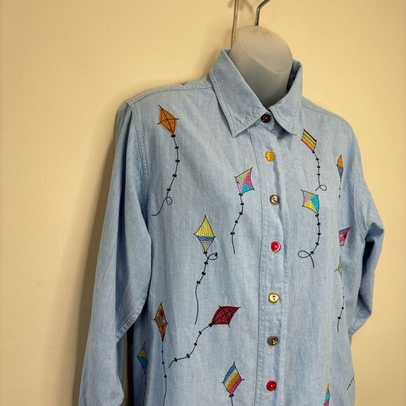 Vintage Kite Print Button Up Long Sleeve Top blue 100% cotton retro medium 90s - Picture 2 of 6